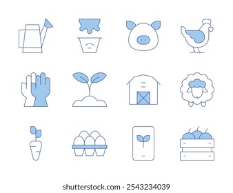 Farm icons. Line Duotone style, editable stroke. smartphone, sheep, hen, eggs, pig, carrot, animal, crate, farm house, gloves, watering can, agriculture.