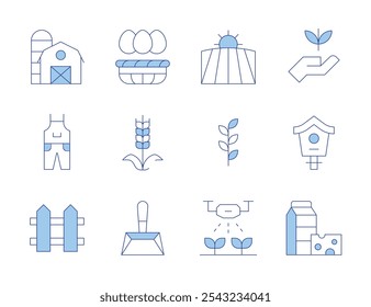 Farm icons. Line Duotone style, editable stroke. silo, farmer, watering, eggs, wheat, field, dustpan, fence, plantation, dairy products, bird house, sprout.