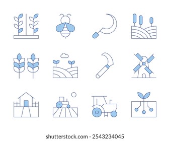 Farm icons. Line Duotone style, editable stroke. farm, wheat, windmill, bee, plantation, field, ground, house, sickle, tractor.