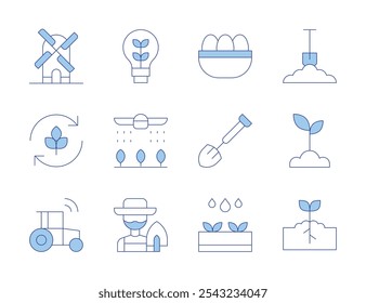 Farm icons. Line Duotone style, editable stroke. peasant, agronomy, smart farm, shovel, tractor, windmill, innovation, eggs, soil, sprout, plant.