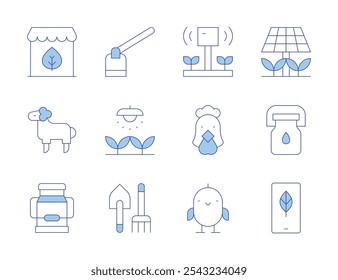 Farm icons. Line Duotone style, editable stroke. chick, hoe, shovel, sheep, smart farm, light, solar panel, chicken, milk, shop, milk bottle.