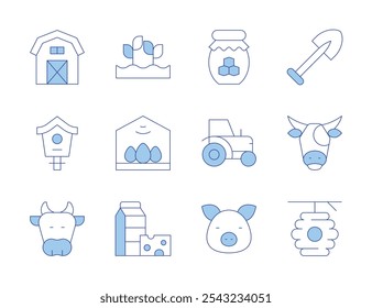 Farm icons. Line Duotone style, editable stroke. agriculture, beehive, cow, dairy products, shovel, tractor, pig, egg incubator, honey jar, bird house, farm house.