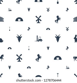 farm icons pattern seamless white background. Included editable filled mill, tractor, shovel, cargo barn, goat, horse, rabbit, fence icons. farm icons for web and mobile.