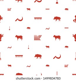 farm icons pattern seamless white background. Included editable filled plowing tool, field, hoe, scythe, cow, hog, pitchfork, horse icons. farm icons for web and mobile.