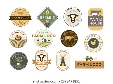 Farm icons. Rustic homestead, organic farming, meat and poultry house branding design templates vector set of farm icon organic agriculture illustration