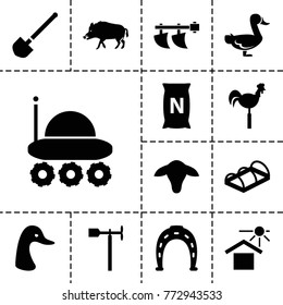 Farm icons. set of 13 editable filled farm icons such as goat, hog, goose, horseshoe, weather vane, bag with ground, greenohuse, tractor, house under sun