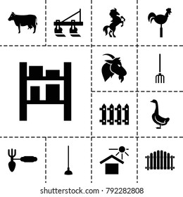 Farm icons. set of 13 editable filled farm icons such as tractor, cow, goose, gardening tool, hoe, fence, weather vane, house under sun, cargo barn, horse, goat