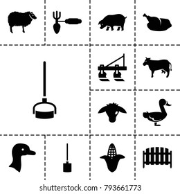 Farm icons. set of 13 editable filled farm icons such as goose, corn, tractor, sheep, gardening tool, fence, chicken, goat, cow, pig, shovel