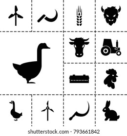 Farm icons. set of 13 editable filled farm icons such as barn, cow, rooster, goose, scythe, mill, wheat, tractor, rabbit