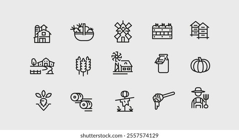 Farm icons. Set of 15 farm-themed trendy minimal icons. Example: Tractor, Combine Harvester, Corn, Windmill, Chicken icon. Design signs for web page, mobile app, packaging design. Vector illustration