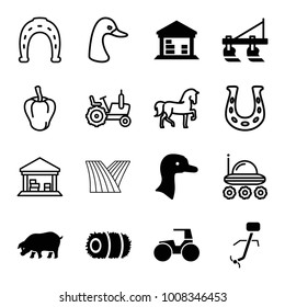 Farm icons. set of 16 editable filled and outline farm icons such as goose, tractor, cargo barn, pepper, horse, horseshoe, horseshoe, hay, pig, field