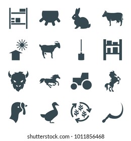 Farm icons. set of 16 editable filled farm icons such as udder, turkey, rabbit, cow, horse, goose, tractor, scythe, cargo barn, harvest, goat, shovel
