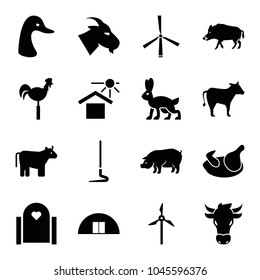 Farm icons. set of 16 editable filled farm icons such as cow, chicken, hog, goose, goat, pig, gate, weather vane, house under sun, mill, rabbit, hoe