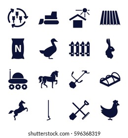 farm icons set. Set of 16 farm filled icons such as field, harvest, shovel and rake, chicken, horse, rabbit, goose, tractor, hoe, gardening tool, fence, bag with ground