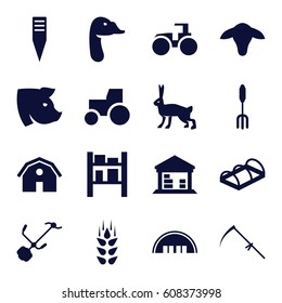 Farm icons set. set of 16 farm filled icons such as wheat, goat, pig, rabbit, goose, barn, tractor, pitchfork, scythe, gardening tool, greenohuse
