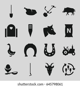 Farm icons set. set of 16 farm filled icons such as harvest, tractor, hog, cow, goose, goat, boiled egg, shovel, hoe, gardening tool, bag with ground, chicken, horseshoe