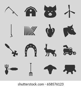 Farm icons set. set of 16 farm filled icons such as field, udder, goat, pepper, mill, tractor, pig, cow, rabbit, barn, horseshoe, gardening tool, pitchfork, hoe