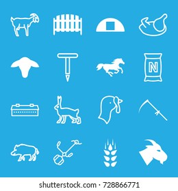 Farm icons set. set of 16 farm filled and outline icons such as wheat, goat, horse, scythe, fence, cargo barn, hog, rabbit, chicken, turkey, barn, gardening tool