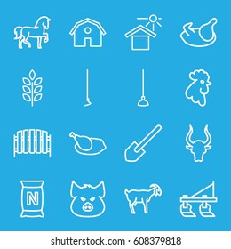 Farm icons set. set of 16 farm outline icons such as pig, horse, rooster, bull, goat, wheat, chicken, tractor, barn, shovel, hoe, fence, bag with ground