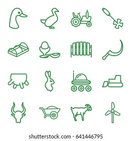Farm icons set. set of 16 farm outline icons such as goose, bull, goat, rabbit, udder, tractor, boiled egg, gardening tool, scythe, wheelbarrow, fence, greenohuse