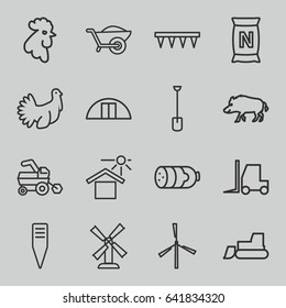 Farm icons set. set of 16 farm outline icons such as hog, rooster, sausage, mill, tractor, shovel, plowing tool, gardening tool, wheelbarrow, bag with ground, house under sun