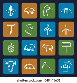 Farm icons set. set of 16 farm outline icons such as cow, hog, goose, rooster, pig, wheat, corn, mill, barn, gardening tool, scythe, house under sun