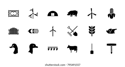 Farm icons. set of 18 editable filled farm icons: goose, mill, cow, pig, wheat, chicken, shovel and rake, sausage, corn, gardening tool, shovel, plowing tool, fence
