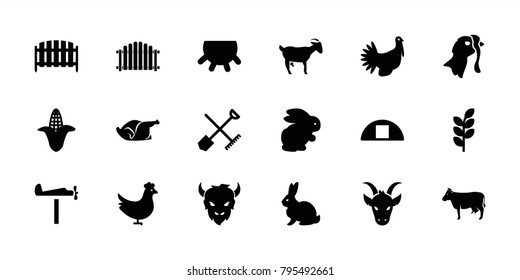 Farm icons. set of 18 editable filled farm icons: udder, shovel and rake, chicken, rabbit, corn, cow, fence, cargo barn, turkey, wheat, goat