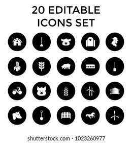 Farm icons. set of 20 editable filled farm icons such as wheat, pig, cow, rooster, horse, barn, tractor, gate, fence, corn, mill. best quality farm elements in trendy style.