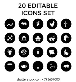 Farm icons. set of 20 editable filled farm icons such as shovel and rake, chicken, goose, tractor, pig, shovel, mill, wheat. best quality farm elements in trendy style.