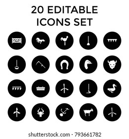 Farm icons. set of 20 editable filled farm icons such as mill, goat, plowing tool, scythe, gardening tool, fence, weather vane. best quality farm elements in trendy style.