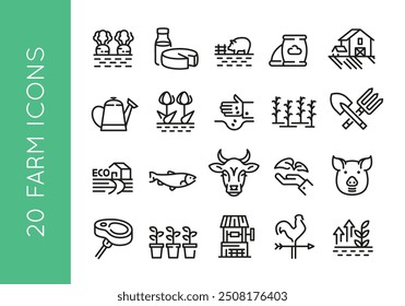 Farm icons. Set of 20 trendy minimal farm icons. Examples include Pig, Fertilizer Bag and Farmhouse icon. Design signs for web page, mobile app, and agricultural product packaging. Vector illustration