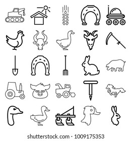 Farm icons. set of 25 editable outline farm icons such as chicken, tractor, rabbit, goose, goat, horseshoe, horseshoe, gardening tool, shovel, pitchfork, scythe
