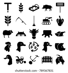 Farm icons. set of 25 editable filled farm icons such as wheat, udder, goose, pepper, hog, chicken, gardening tool, hoe, scythe, fence, greenohuse, barn, harvest, tractor, cow