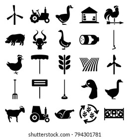 Farm icons. set of 25 editable filled farm icons such as sausage, mill, tractor, goose, pig, wheat, chicken, pitchfork, hoe, gardening tool, fence, field, harvest, bull, goat