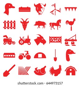 Farm icons set. set of 25 farm filled icons such as field, chicken, goose, barn, tractor, hog, horse, goat, shovel, plowing tool, fence, weather vane, cargo barn, turkey