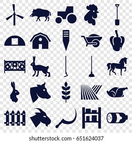 Farm icons set. set of 25 farm filled icons such as wheat, field, sausage, pepper, mill, hog, cow, horse, goat, rooster, rabbit, barn, tractor, chicken, shovel, hoe, scythe