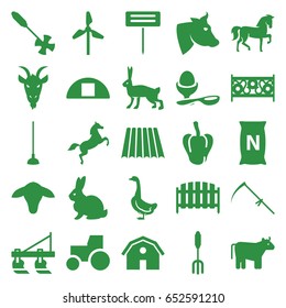 Farm icons set. set of 25 farm filled icons such as field, cow, goat, pepper, tractor, rabbit, horse, goose, barn, boiled egg, pitchfork, gardening tool, hoe, scythe, fence