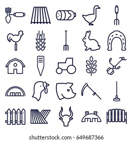 Farm icons set. set of 25 farm outline icons such as rabbit, bull, goose, pig, wheat, field, turkey, sausage, barn, horseshoe, tractor, gardening tool, pitchfork, hoe, scythe