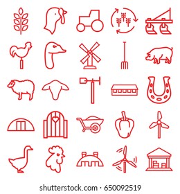 Farm icons set. set of 25 farm outline icons such as sheep, rooster, pig, goose, wheat, harvest, goat, turkey, pepper, tractor, mill, barn, pitchfork, wheelbarrow