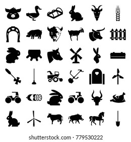 Farm icons. set of 36 editable filled farm icons such as udder, rabbit, barn, cow, horse, pig, bull, goat, mill, tractor, gate, shovel, gardening tool, hoe, fence, greenohuse