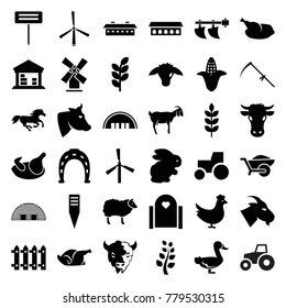 Farm icons. set of 36 editable filled farm icons such as wheat, chicken, rabbit, corn, mill, cow, goat, horse, barn, horseshoe, tractor, gate, scythe, gardening tool