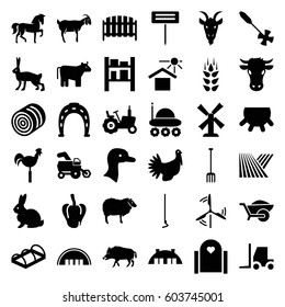 Farm icons set. set of 36 farm filled icons such as wheat, field, cow, udder, goose, hay, pepper, tractor, hog, rabbit, horse, sheep, goat, barn, mill, Horseshoe, pitchfork