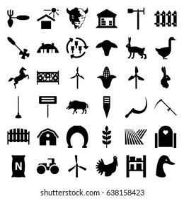 Farm icons set. set of 36 farm filled icons such as wheat, field, harvest, goat, corn, mill, hog, goose, rabbit, barn, tractor, gardening tool, hoe, scythe, fence