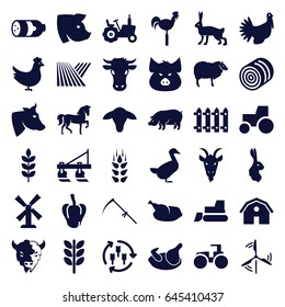 Farm icons set. set of 36 farm filled icons such as wheat, field, harvest, goat, chicken, sausage, hay, pepper, tractor, cow, pig, horse, sheep, rabbit, goose, barn, mill