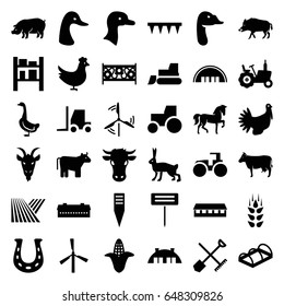 Farm icons set. set of 36 farm filled icons such as wheat, field, cow, shovel and rake, chicken, goose, barn, corn, mill, tractor, hog, horse, pig, rabbit, goat, plowing tool