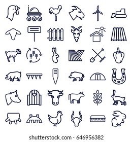 Farm icons set. set of 36 farm outline icons such as cow, hog, goat, pig, bull, rabbit, wheat, field, harvest, udder, shovel and rake, chicken, turkey, pepper, barn, tractor