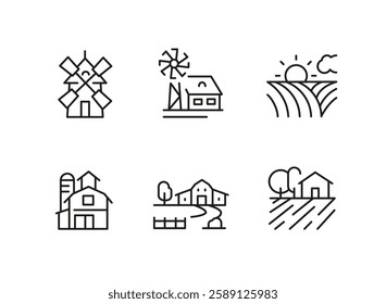 Farm icons. Set of 6 farm-themed trendy minimal icons. Example: Tractor, Combine Harvester, Corn, Windmill icon. Design signs for web page, mobile app, packaging design. Vector illustration