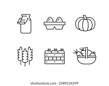 Farm icons. Set of 6 trendy minimal farm icons. Examples include Milk, Fertilizer Bag and Farmhouse icon. Design signs for web page, mobile app, and agricultural product packaging. Vector illustration