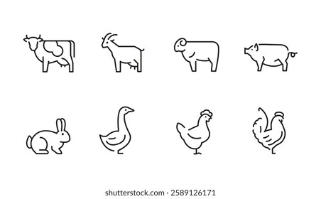 Farm icons. Set of 8 trendy minimal farm icons. Examples include Pig, Cow, Chicken, Rabbit icon. Design signs for web page, mobile app, and agricultural product packaging. Vector illustration